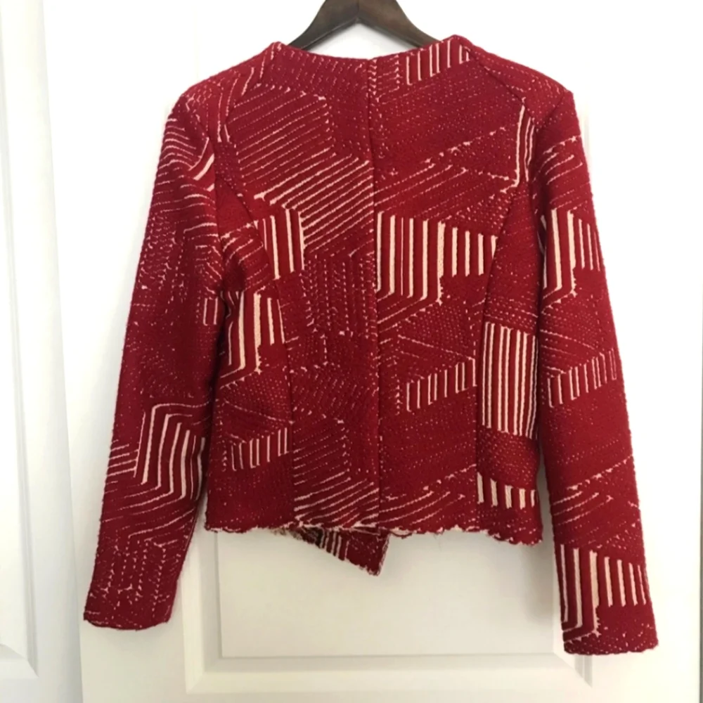 IRO Red Geometric Tweed Boucle Moto Jacket Raw Egde
